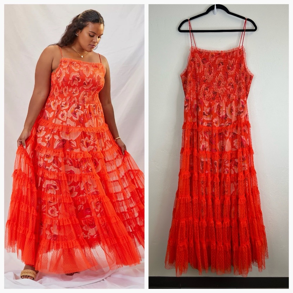 Anthropologie Tulle Tiered Formal Dress Size 2X Maxi Sleeveless Floral Colorful